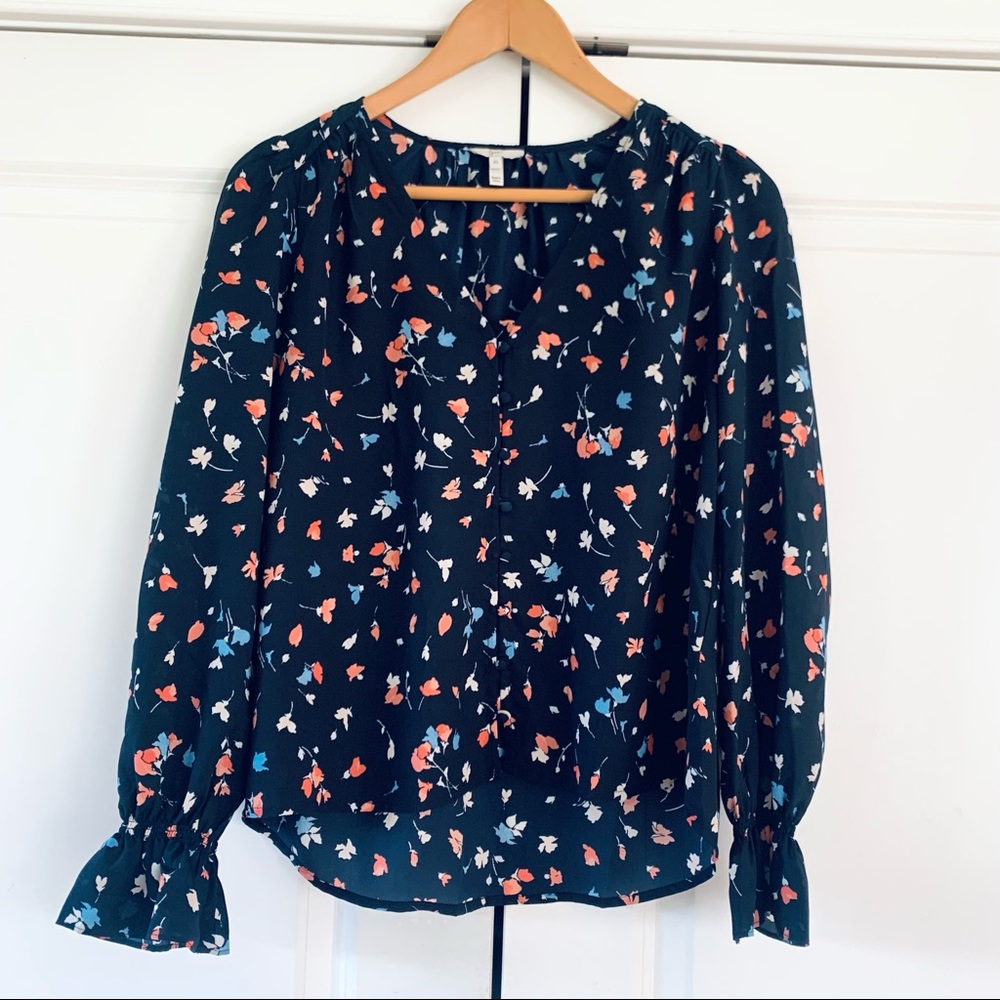 Joie Blouse Bolona Long Ruffle Sleeve Top Button Front Floral Career Shirt Sz XS
